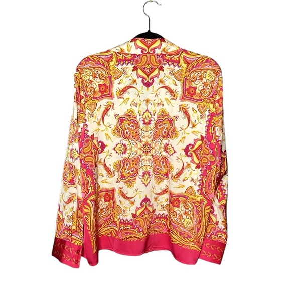 Rachel Zoe Large Blouse Button Top Pink Yellow Boho Retro Shirt Long Sleeve - Picture 2 of 8